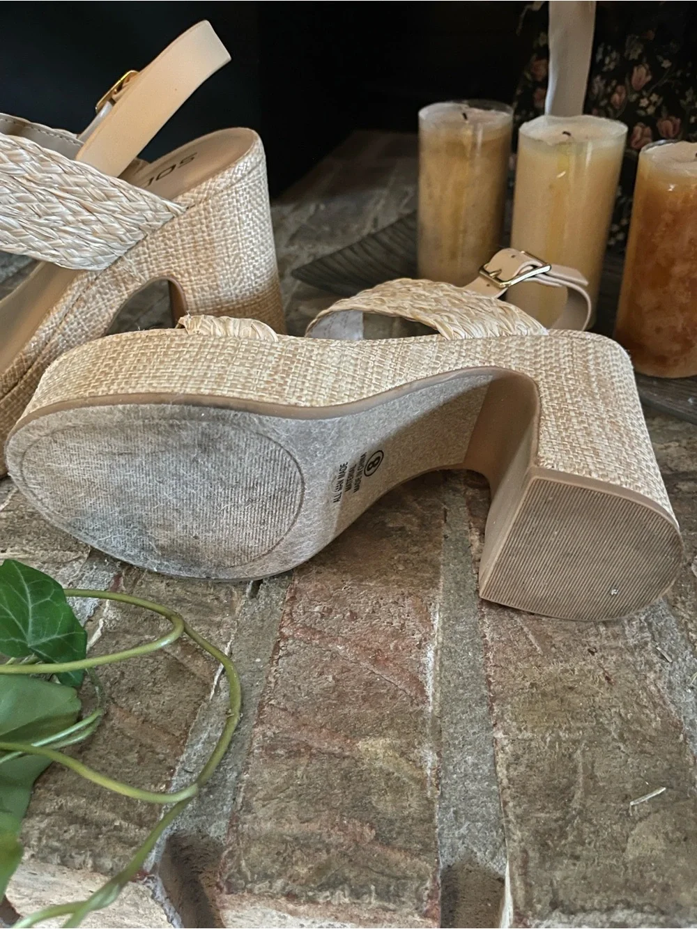 Woven Cream Platform Sandals with Ankle Strap by Soda
